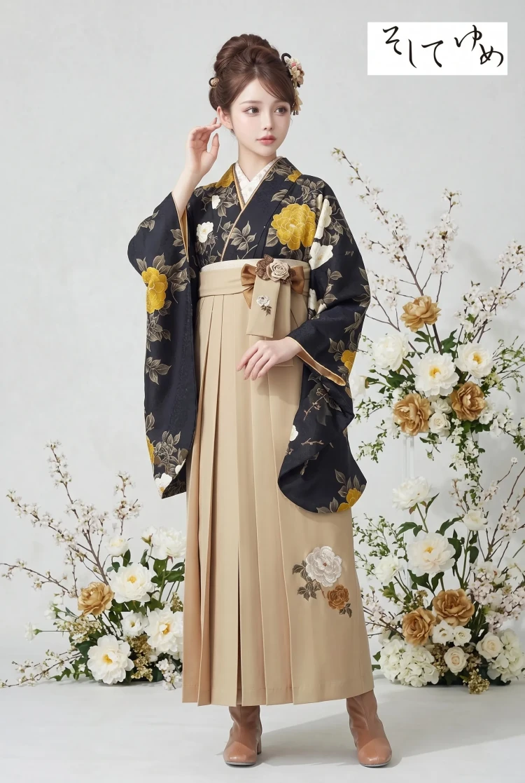TAKAZENのレンタル袴 そしてゆめブランド袴　古典柄　黒/からし　牡丹柄　大人っぽい　大正ロマン　ブーツスタイル【通販可】R25072