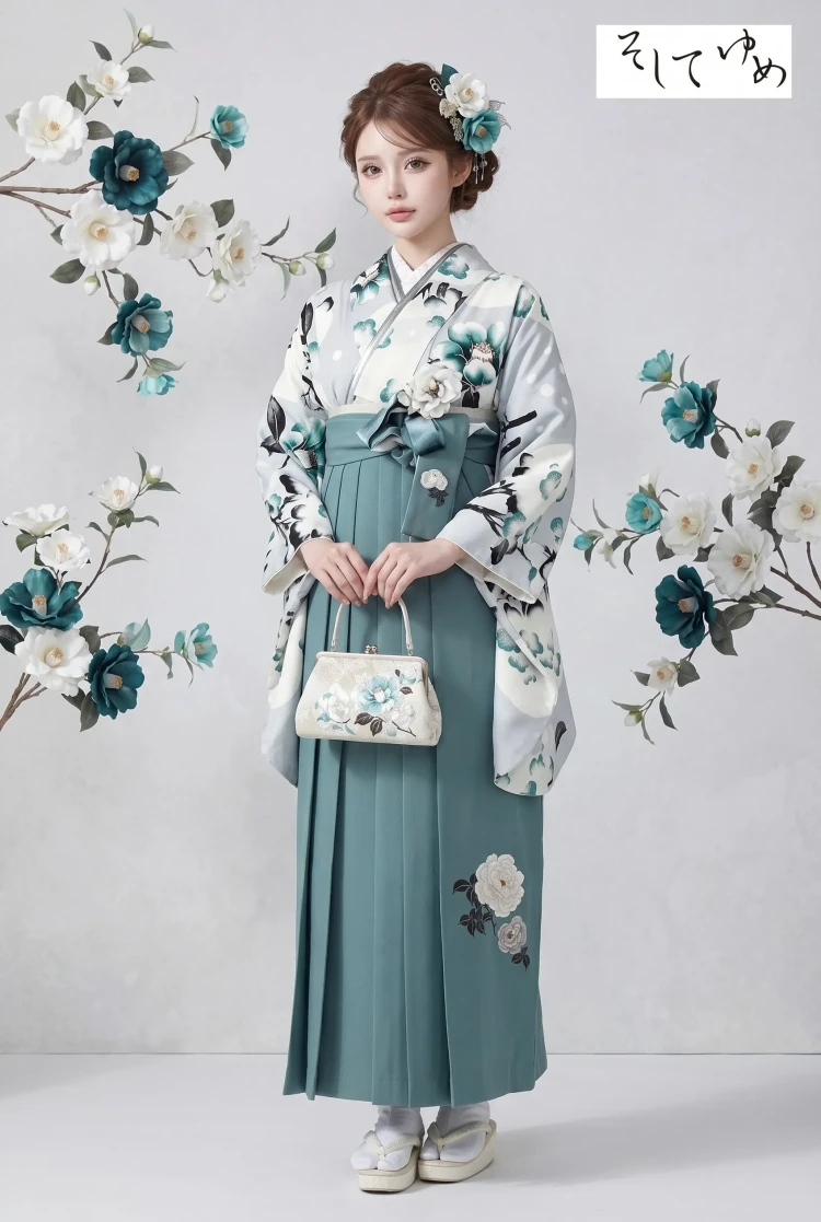 TAKAZENのレンタル袴 そしてゆめブランド袴　古典柄　ライトグレー/アイスブルー　牡丹柄　大人っぽい　爽やか【通販可】R25073