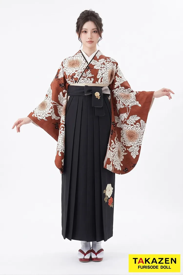 TAKAZENのレンタル袴 そしてゆめブランド袴 古典柄 オレンジ/テラコッタ 乱菊柄 大人っぽい 上品【通販可】R25074