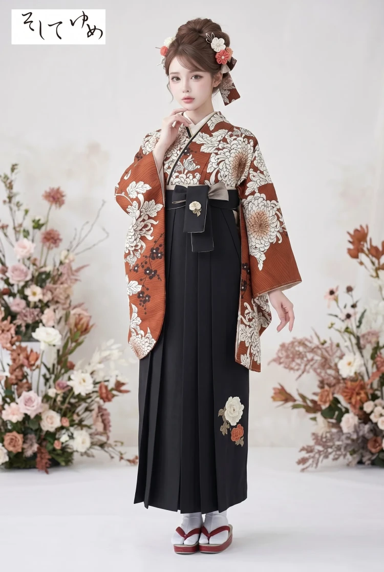 TAKAZENのレンタル袴 そしてゆめブランド袴　古典柄　オレンジ/テラコッタ　乱菊柄　大人っぽい　上品【通販可】R25074