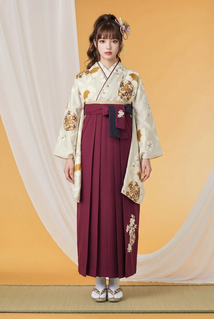 TAKAZENのレンタル袴 九重ブランド袴　古典柄　クリーム　梅柄　王道　はんなり　ブーツスタイル【通販可】R25075