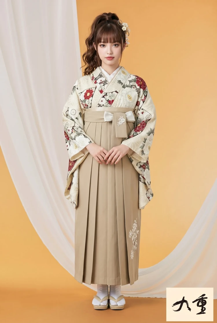 TAKAZENのレンタル袴 九重ブランド袴　古典柄　ベージュ/オフカラー　梅柄　王道　はんなり　統一感のある着こなし【通販可】R25076