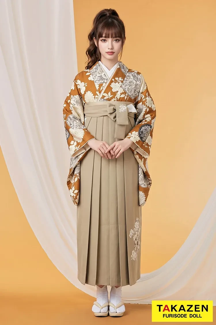 TAKAZENのレンタル袴 九重ブランド袴 古典柄 オレンジ/テラコッタ 菊柄 大正ロマン ブーツコーデ アンティーク調【通販可】R25077