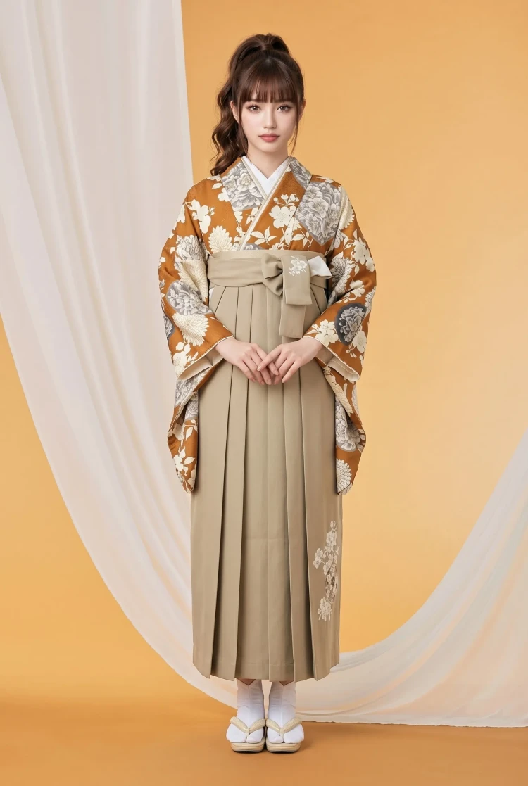 TAKAZENのレンタル袴 九重ブランド袴　古典柄　オレンジ/テラコッタ　菊柄　大正ロマン　ブーツコーデ　アンティーク調【通販可】R25077