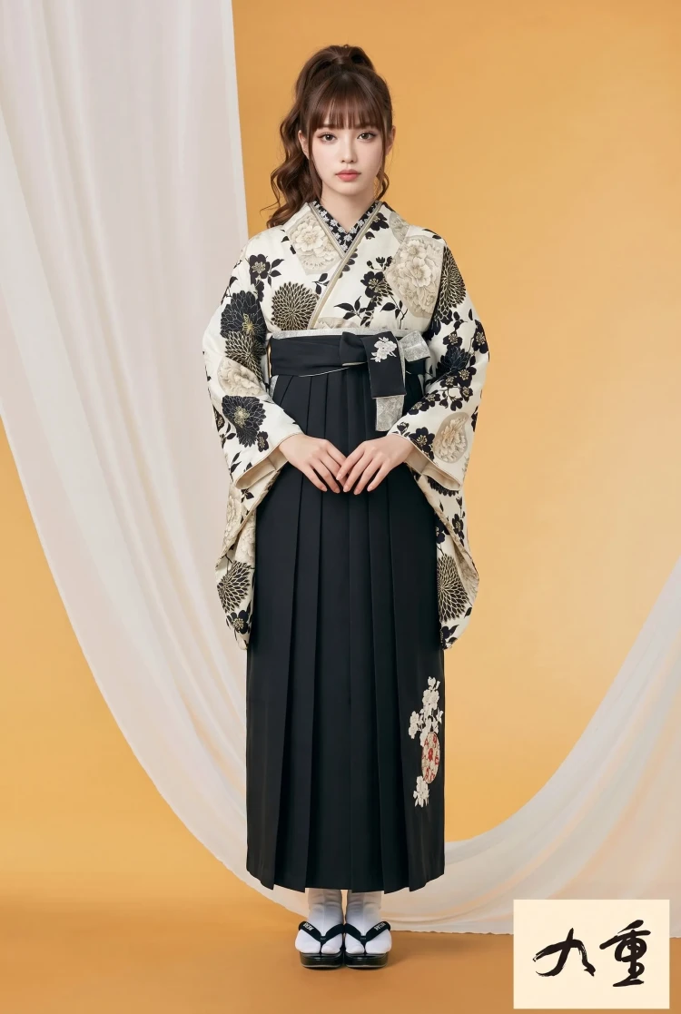 TAKAZENのレンタル袴 九重ブランド袴　古典柄　白/黒　菊柄　王道　和風　大人っぽい【通販可】R25078