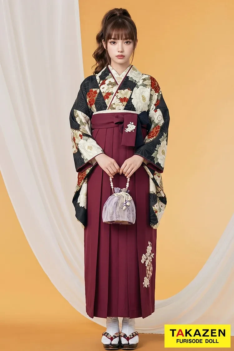 TAKAZENのレンタル袴 九重ブランド袴　古典柄　白/黒　牡丹柄　王道　かっこいい　大人っぽい　ブーツコーデ【通販可】R25079
