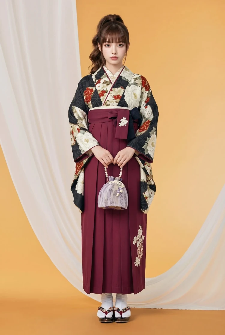 TAKAZENのレンタル袴 九重ブランド袴　古典柄　白/黒　牡丹柄　王道　かっこいい　大人っぽい　ブーツコーデ【通販可】R25079