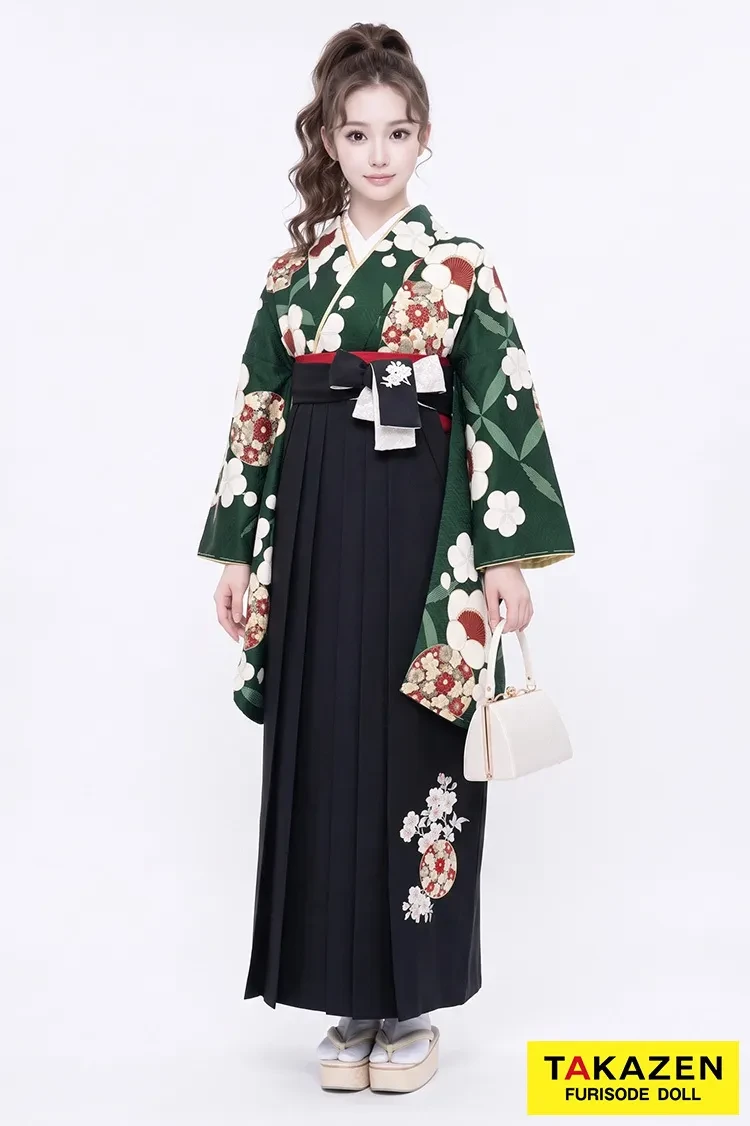 TAKAZENのレンタル袴 九重ブランド袴　古典柄　緑　梅柄　王道　和風　アンティーク調【通販可】R25080