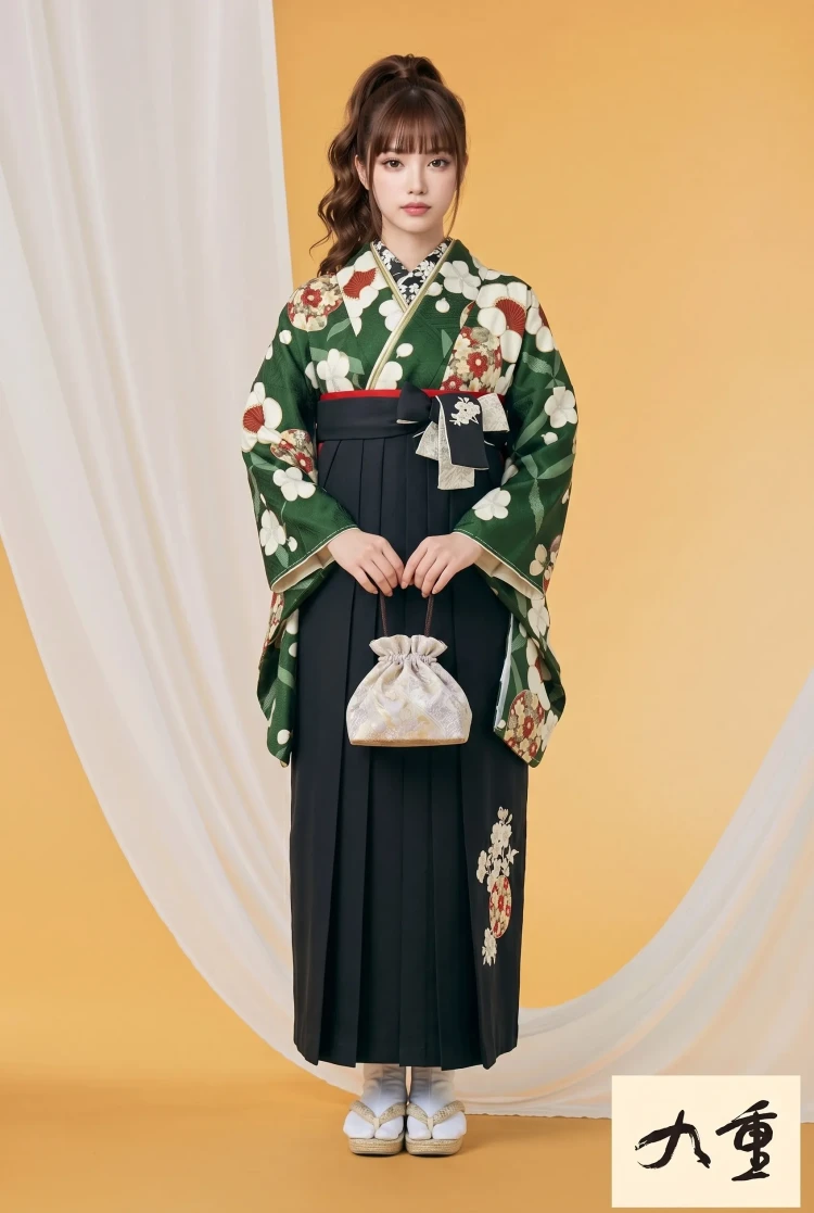 TAKAZENのレンタル袴 九重ブランド袴　古典柄　緑　梅柄　王道　和風　アンティーク調【通販可】R25080