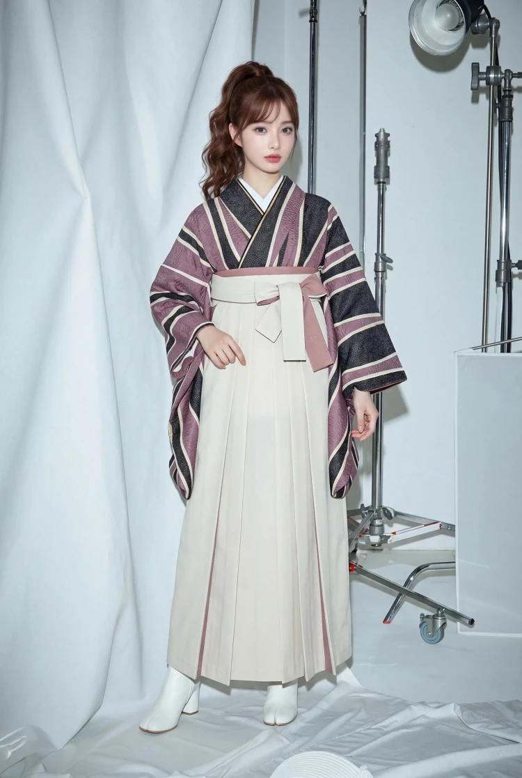 TAKAZENのレンタル袴 モダンアンテナブランド袴　グレー/ピンク　幾何学模様　地雷系　人と被らない　ブーツコーデ【通販可】R25084