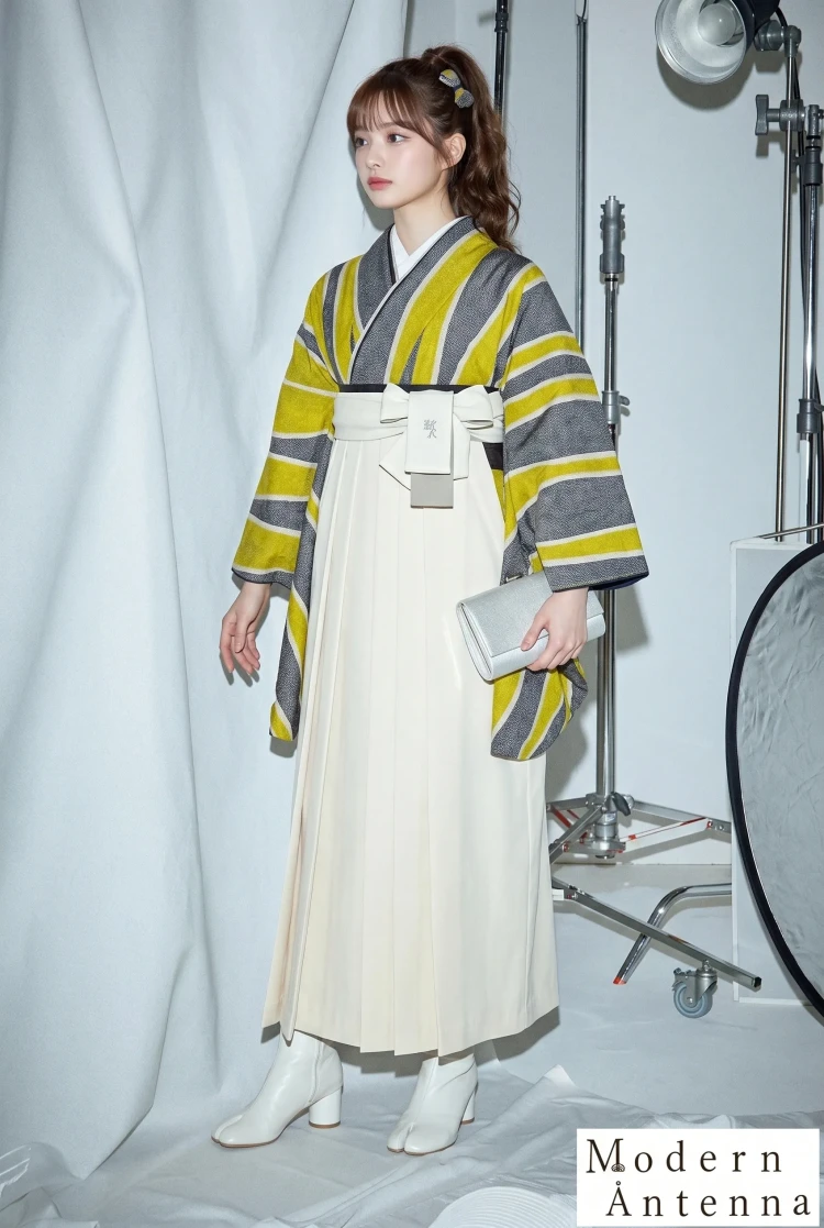 TAKAZENのレンタル袴 モダンアンテナブランド袴　黄色/蛍光色　幾何学模様　個性派　人と被らない　ブーツコーデ【通販可】R25085