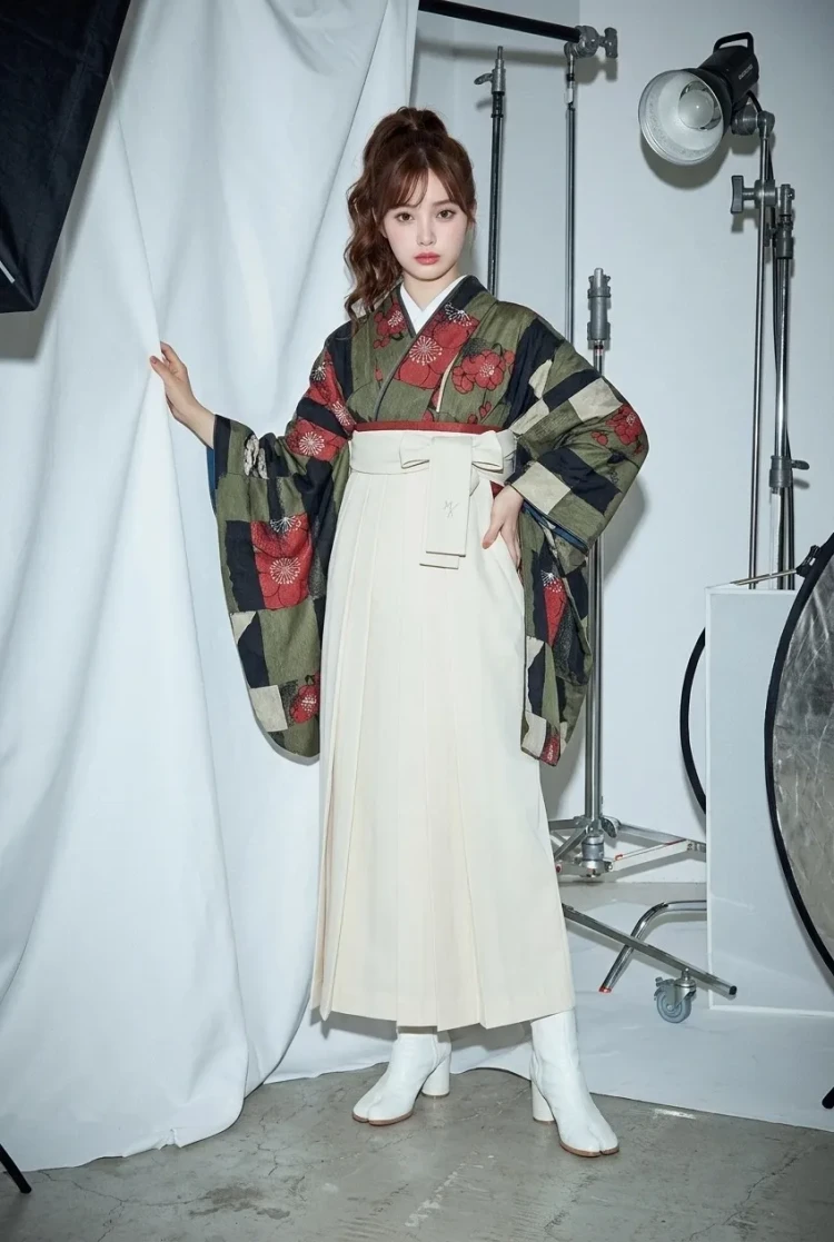 TAKAZENのレンタル袴 モダンアンテナブランド袴　カーキ/ダスティーカラー　幾何学模様　個性的　人と被らない　ブーツスタイル【通販可】R25086