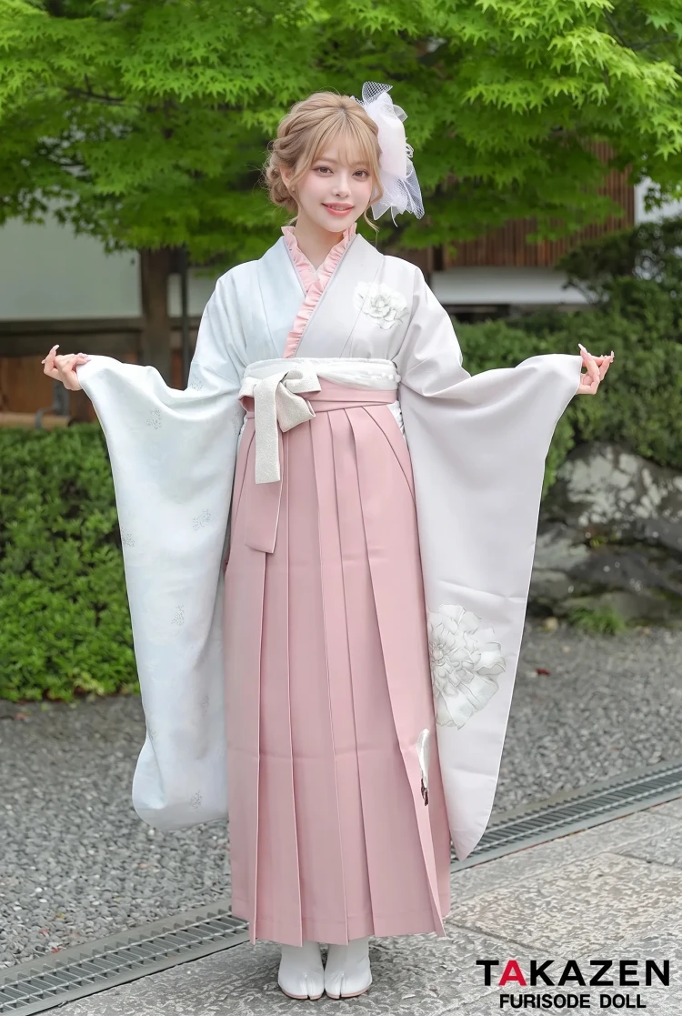 TAKAZENのレンタル袴 玉城ティナ×紅一点ブランド袴　ミスティピンク/淡い色　ワンポイント柄　くすみカラーガーリー　ゆめかわいい　おしゃれ　ブーツスタイル【通販可】RY151