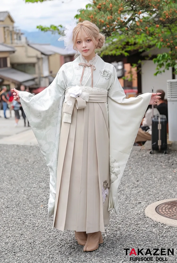 TAKAZENのレンタル袴 玉城ティナ×紅一点ブランド袴　アイボリー　ワンポイント柄　くすみカラーガーリー　かわいい　お洒落　ブーツコーデ【通販可】RY152
