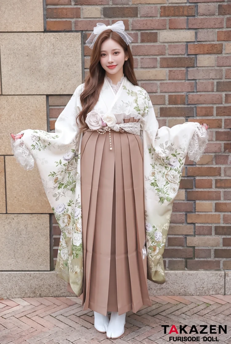 TAKAZENのレンタル袴 ジルスチュアートブランド袴　アイボリー　小花　おしゃれ　統一感のある着こなし　アンティーク調　ブーツ　レースインナーコーデ【通販可】RY155