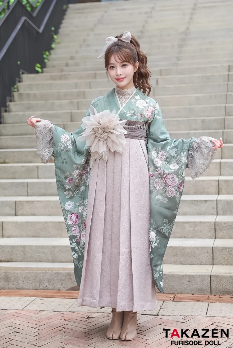 TAKAZENのレンタル袴 ジルスチュアートブランド袴　くすみグリーン　小花　おしゃれ　フェミニン　人と被らない　足袋ブーツ　レースインナーコーデ【通販可】RY156
