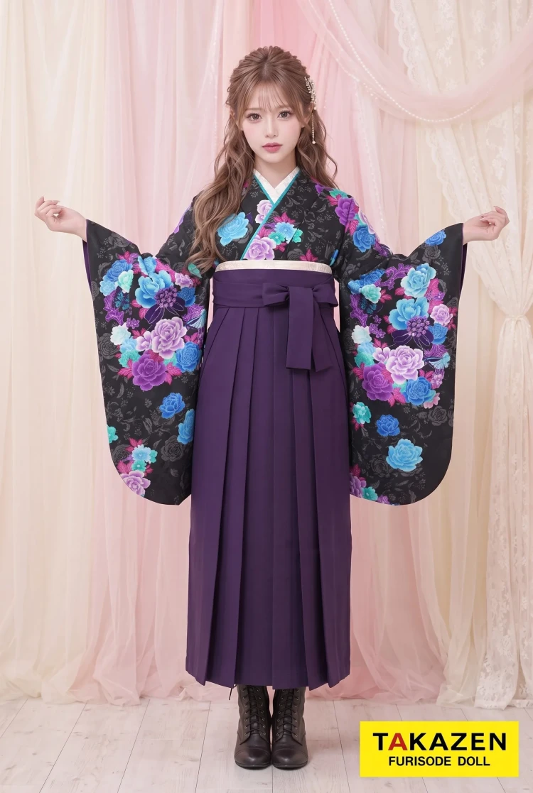 TAKAZENのレンタル袴 激安地雷系　黒/紫　薔薇柄　モード　病みかわ　お得　プチプラ【通販可】Y10