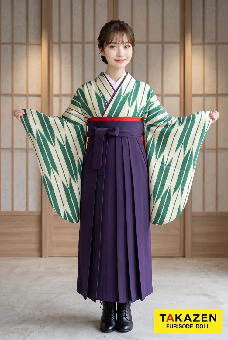 TAKAZENのレンタル袴 格安正統派古典袴　緑　矢絣柄　はいからさん　シンプル　大人っぽい　清楚【通販可】Y11