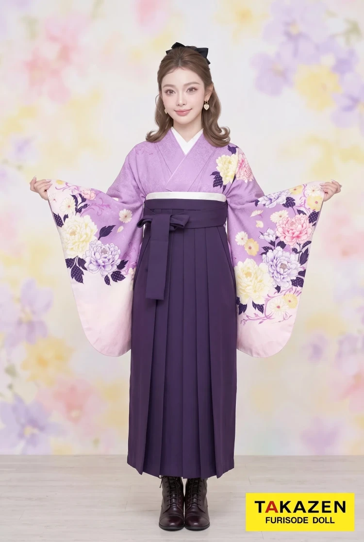TAKAZENのレンタル袴 お得で安いキュート＆ガーリー袴　ムラサキ　牡丹柄　大人かわいい【通販可】Y9