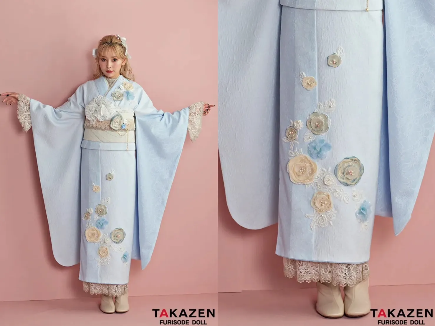 ニューヘップバーン“ミニョン”(かわいい)　ブルー(水色)　立体花　フレンチガーリー　おしゃれな　レースインナー/ブーツコーデ　ぴょな