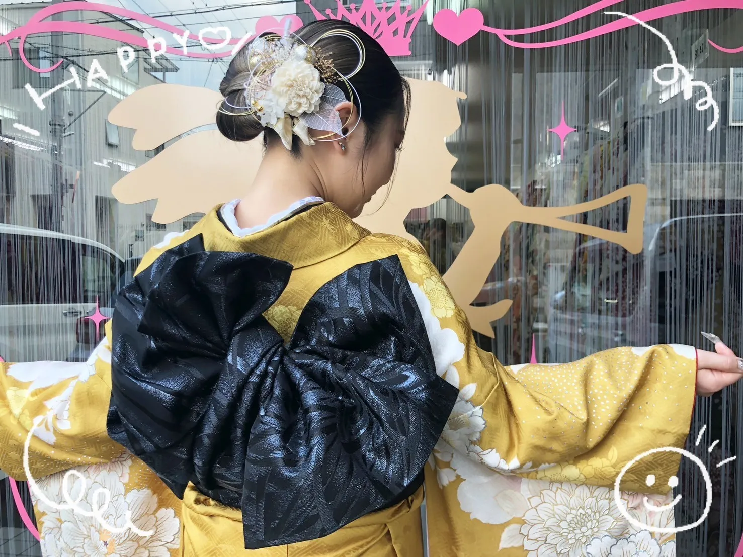 振袖　レンタル　奈良　前撮り　正統派古典　マスタード/からし　ボタン柄/藤の花柄　ヴィンテージスタイル　假屋崎省吾ブランド　大人っぽい