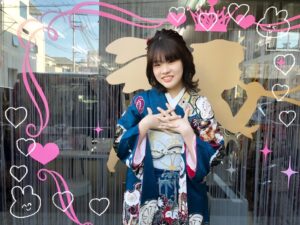 振袖　レンタル　奈良　前撮り　ヴィンテージ　古典柄　青/黒　豪華　個性的　ブーツ