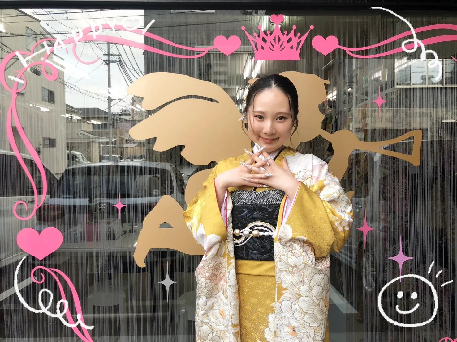 振袖　レンタル　奈良　前撮り　正統派古典　マスタード/からし　ボタン柄/藤の花柄　ヴィンテージスタイル　假屋崎省吾ブランド　大人っぽい