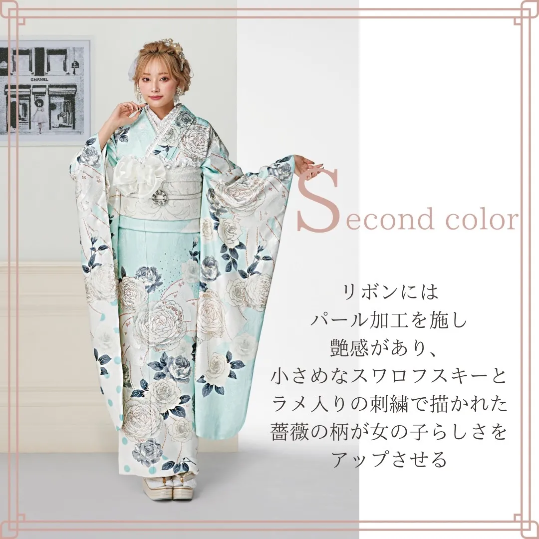 振袖　レンタル　奈良　ヘップバーンシャネルカラー　ブルー(水色)/白　バラ/リボン柄　スワロフスキー　おしゃれ　セレブ　エレガント　ぴょな