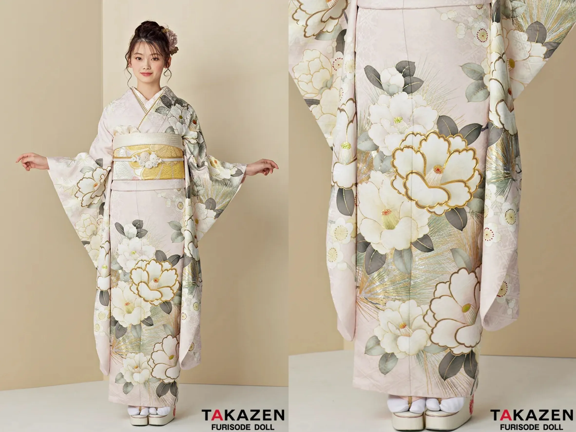 振袖　レンタル　奈良　くすみカラー古典　淡い色/薄ピンク　椿柄　かわいい　透明感　統一感のある着こなし　トレンド