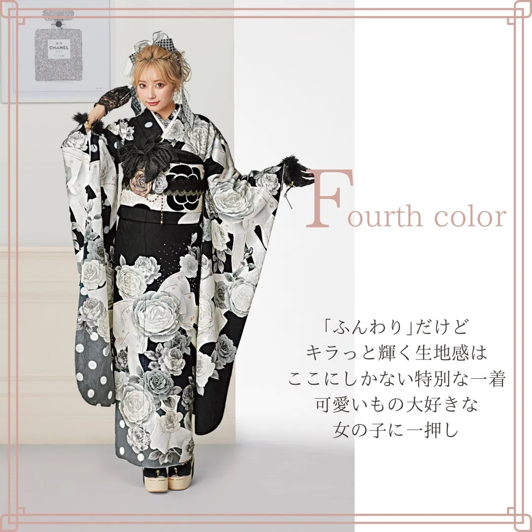 振袖　レンタル　奈良　ヘップバーンシャネルカラー　黒/白/モノトーン　バラ/リボン柄　人気　スワロフスキー付き　カメリア柄帯　おしゃれ　ぴょな