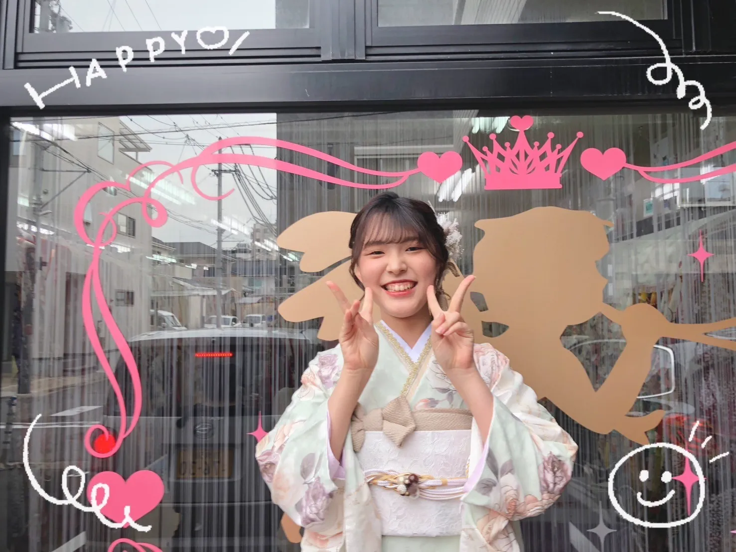 振袖　レンタル　奈良　ヘップバーン　ミントグリーン/ピスタチオカラー　薔薇柄/リボン柄　トレンド　くすみカラー　レース小物コーデ