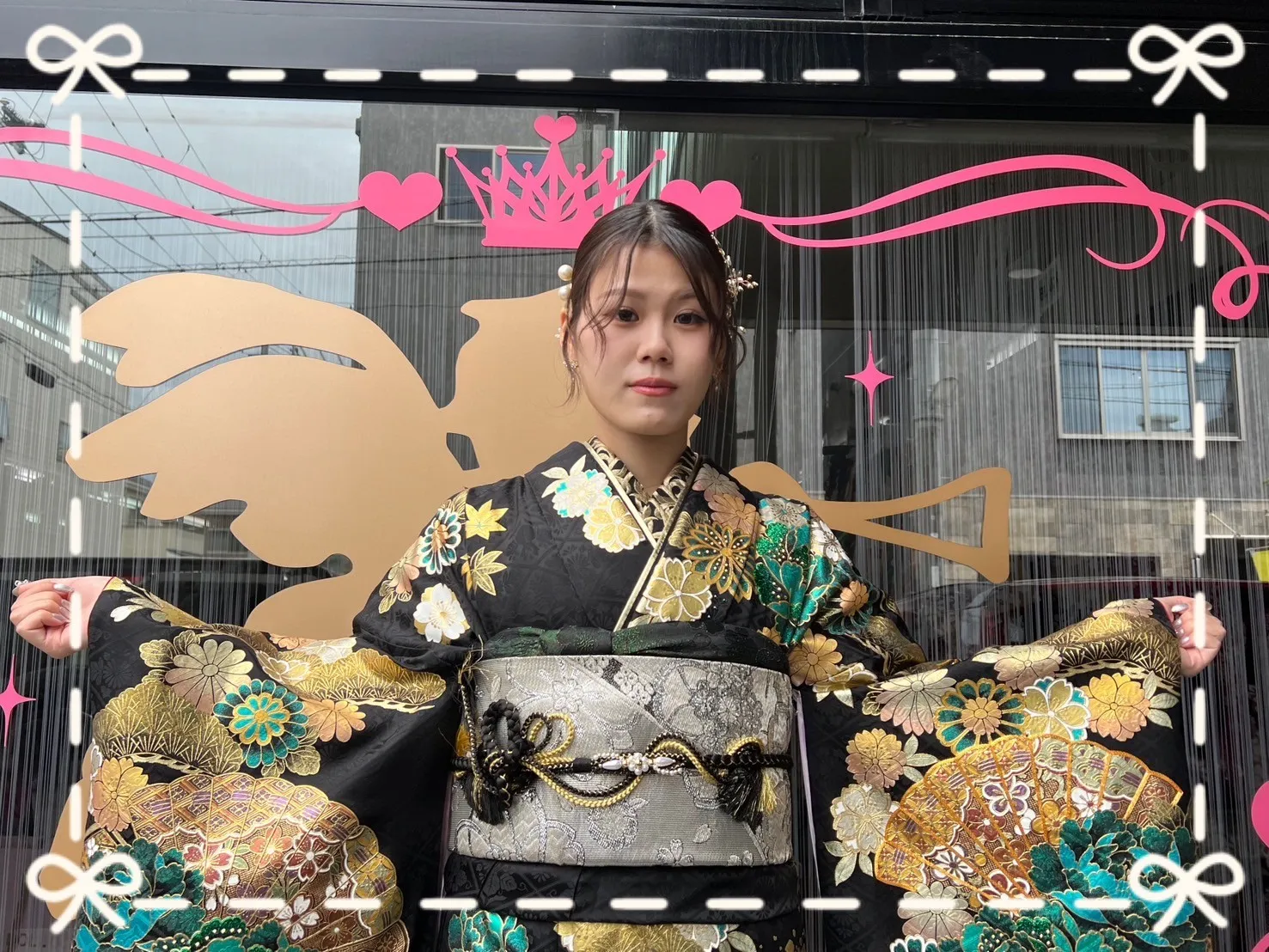 振袖　レンタル　奈良　前撮り　ジャパンモード　花魁風　目立つ　カッコいい　黒　グリーン　金彩