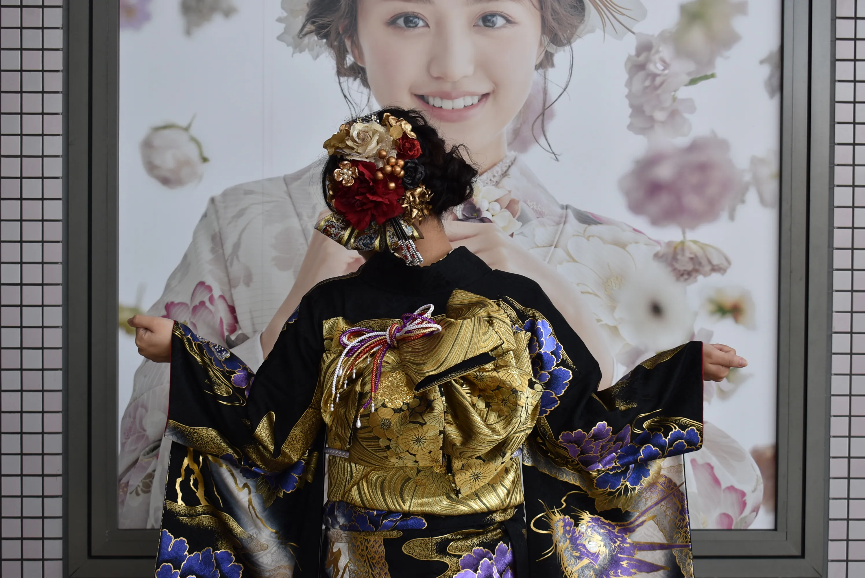 振袖　前撮り撮影会　TAKAZEN堺店　ジャパンモード　黒　紫　派手
