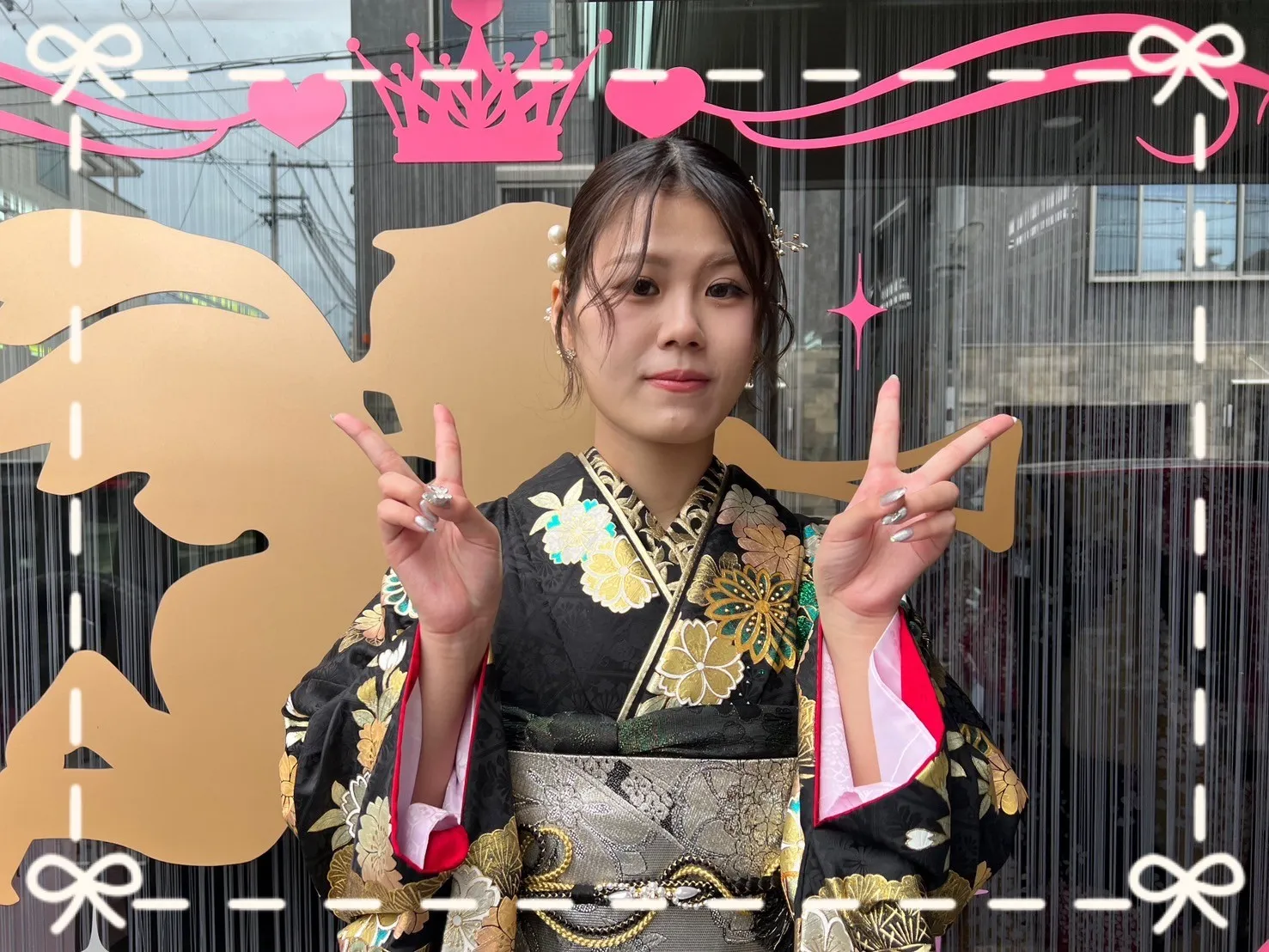 振袖　レンタル　奈良　前撮り　ジャパンモード　花魁風　目立つ　カッコいい　黒　グリーン　金彩