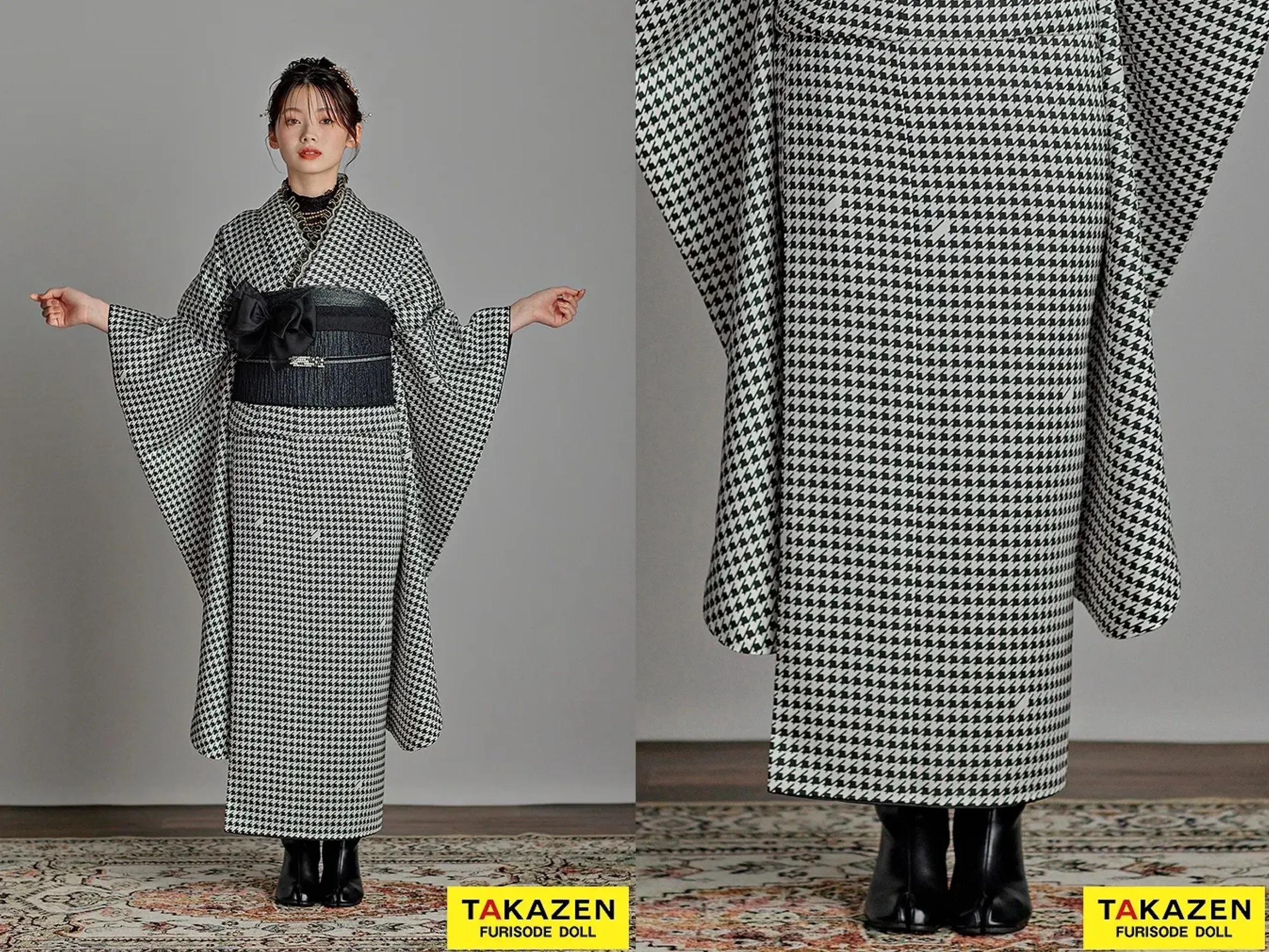 振袖　レンタル　奈良　振袖安い　最新作ヴィンテージスタイル　黒/白　千鳥柄　かわいい　アンティーク調　レースインナー/ブーツスタイル