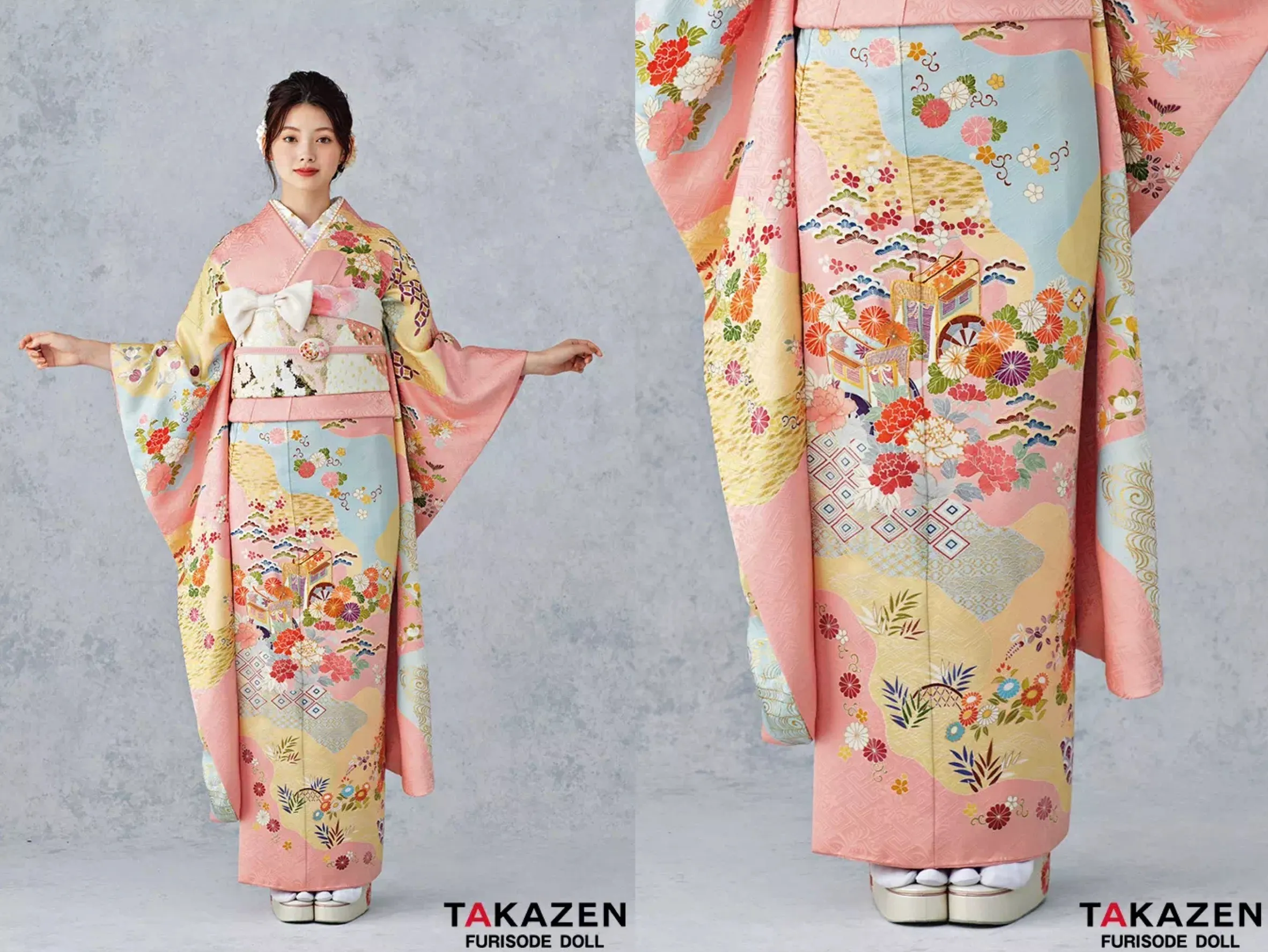 振袖　レンタル　奈良　振袖安い　最新作最高級古典柄振袖　千總/最高級金彩刺繍手描京友禅　ピンク/水色　御所車柄/貝桶柄　上品　綺麗　かわいい　清楚