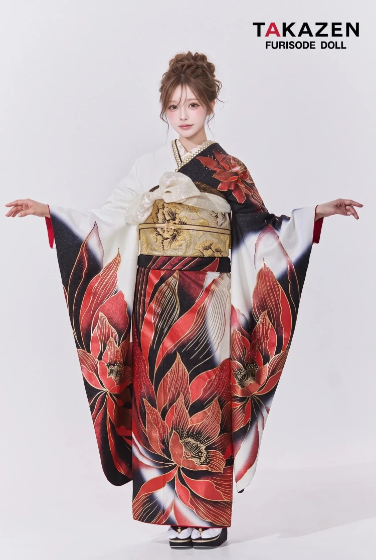 TAKAZENのレンタル振袖 クリスタル&モード 赤/白/黒 大柄/牡丹柄 かっこいい セクシー キラキラ振袖 大人っぽい 香川るな【通販可】LB40