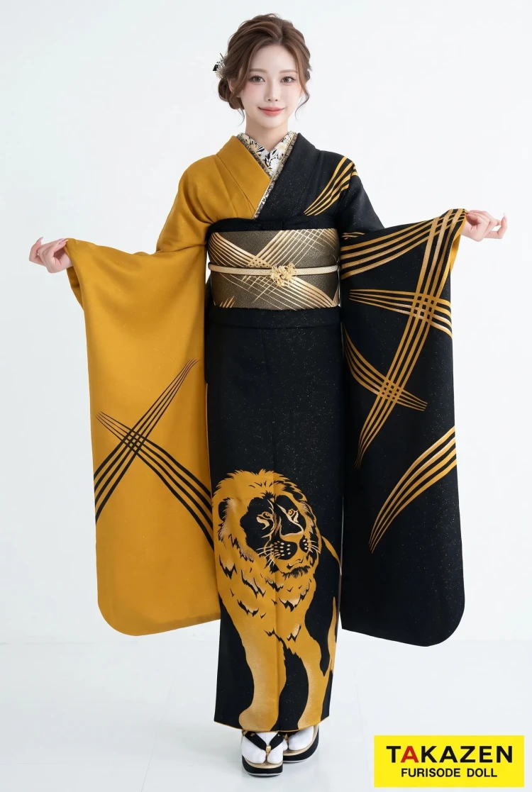 TAKAZENのレンタル振袖 倖田來未振袖　からし/黒　ライオン　ジャパンモード　かっこいい　目立つ　渋い【通販可】YK248