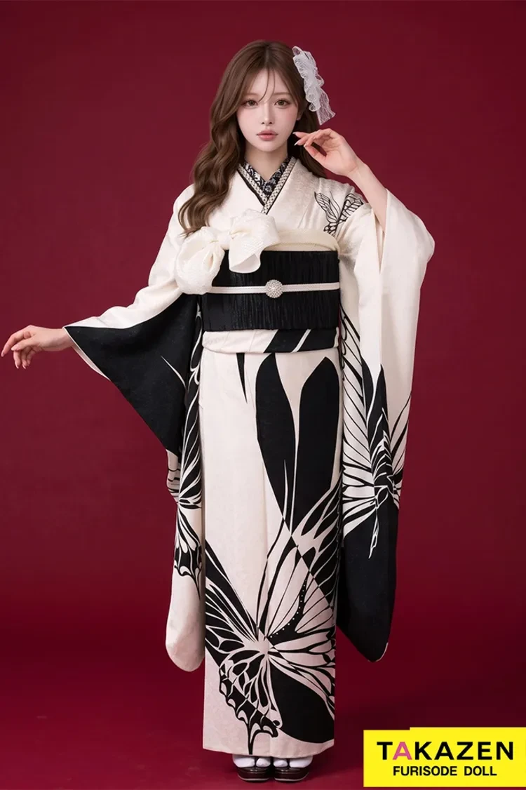 TAKAZENのレンタル振袖 クール系 白黒/モノトーン 蝶々柄 シンプル かっこいい モード系 目立つ【通販可】YK249