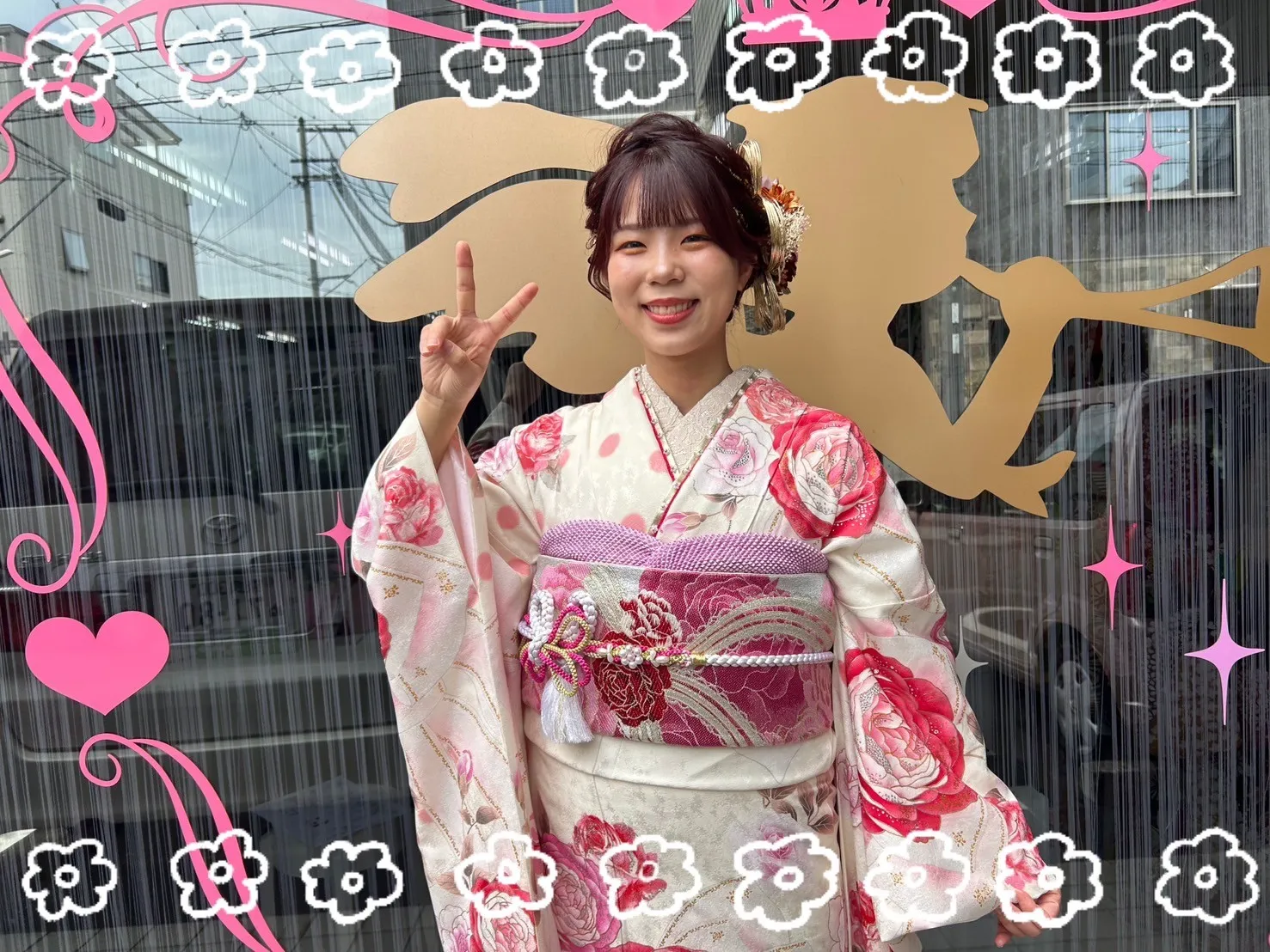 振袖　レンタル　奈良　振袖安い　キュートガーリー　淡色/白/ピンク　リボン柄/ドット柄　甘め　あざとかわいい　リボンアレンジ　女の子らしい