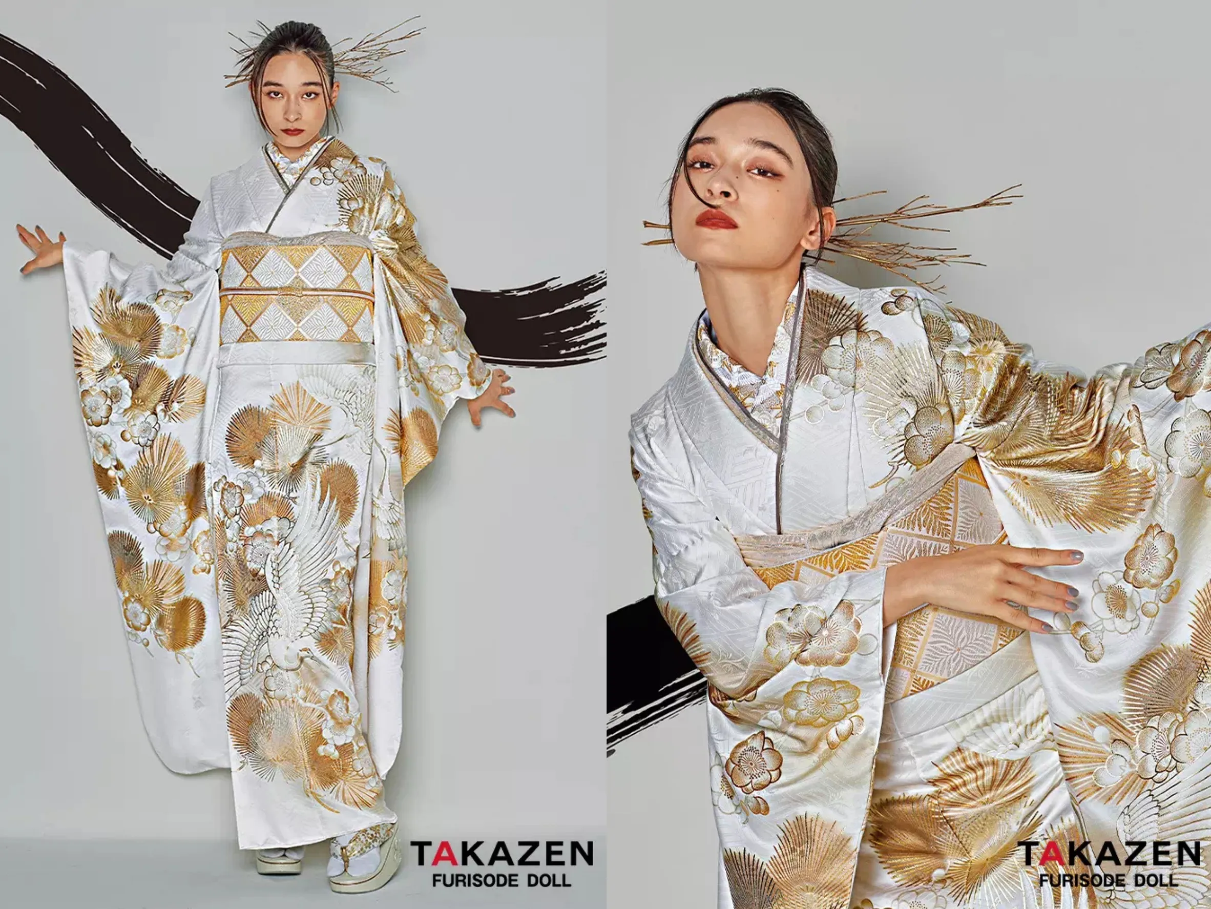 振袖　レンタル　奈良　振袖安い　最新作粋古典　白/金/ゴールド　鶴柄/針松　シック　かっこいい　大人っぽい　金彩京友禅