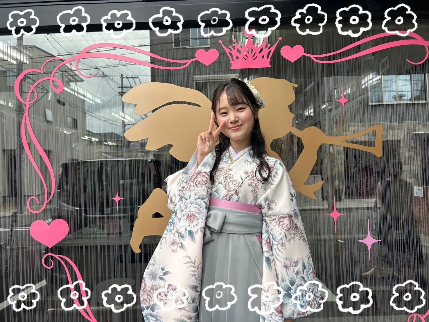 袴　レンタル　奈良　袴安い　なえなのの二尺袖　くすみカラー/白　ボタン柄/淡い色合い　ホワイトベース　