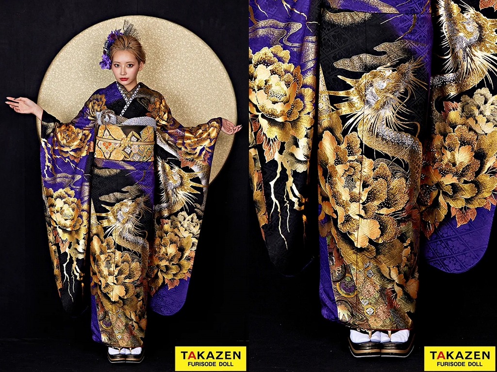 振袖　レンタル　奈良　振袖安い　ジャパンモード　紫/黒/ゴールド(金色)　本家龍柄　渋い　派手　カッコイイ　花魁風振袖　絶対目立つ　大人気キャバ嬢かるあちゃんご着用