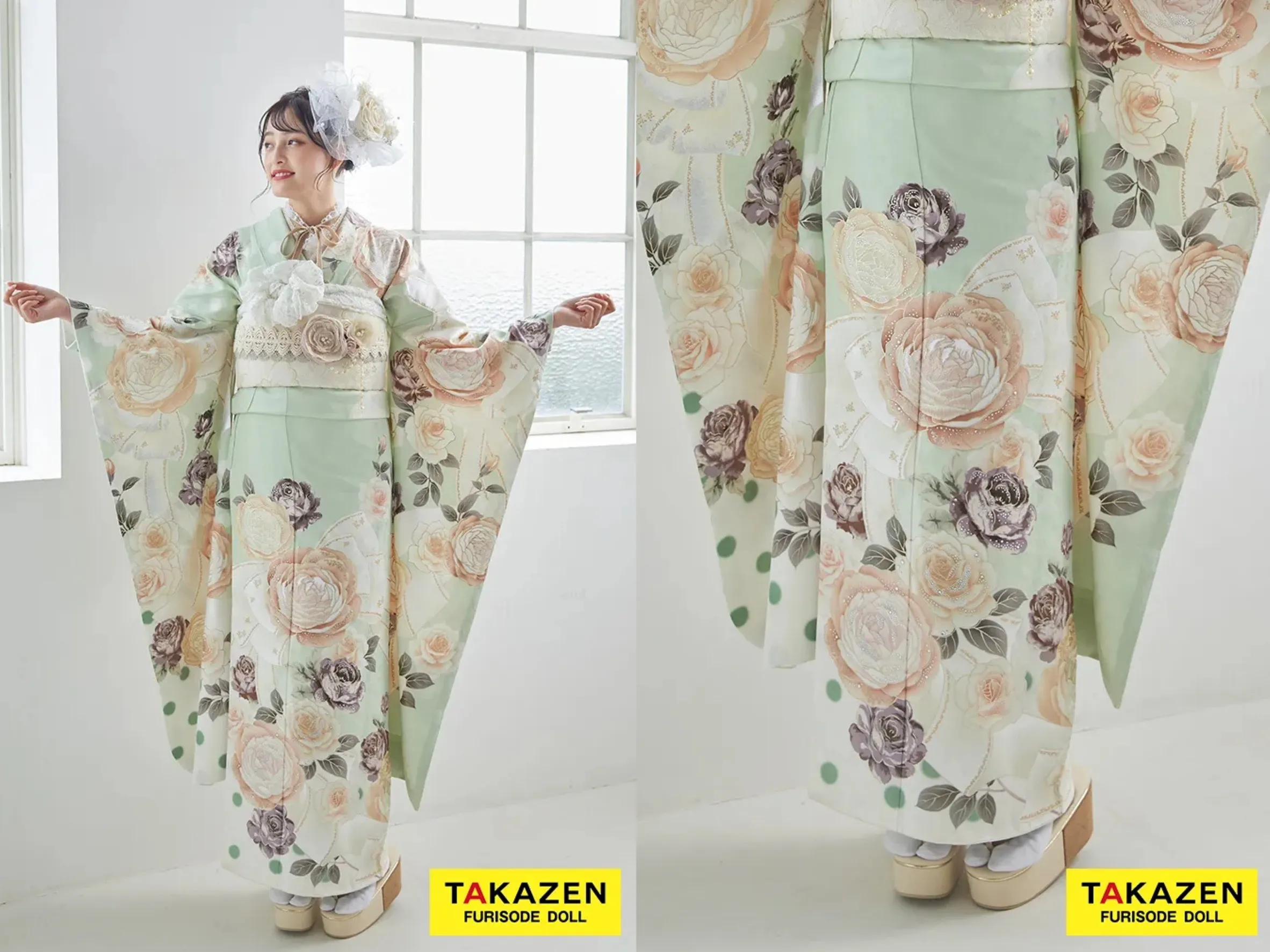 振袖　レンタル　奈良　帯　可愛い　アレンジ　華やか　綺麗　ヘップバーン　ミントグリーン/ピスタチオカラー　薔薇柄/リボン柄　トレンド　くすみカラー　レース小物コーデ　大峰ユリホ