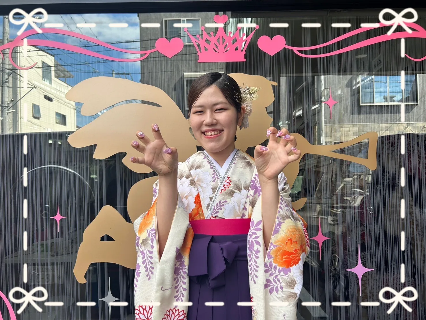 成人式　袴　前撮り撮影会　かわいい　華やか　紫　藤柄　ピンク　オレンジ