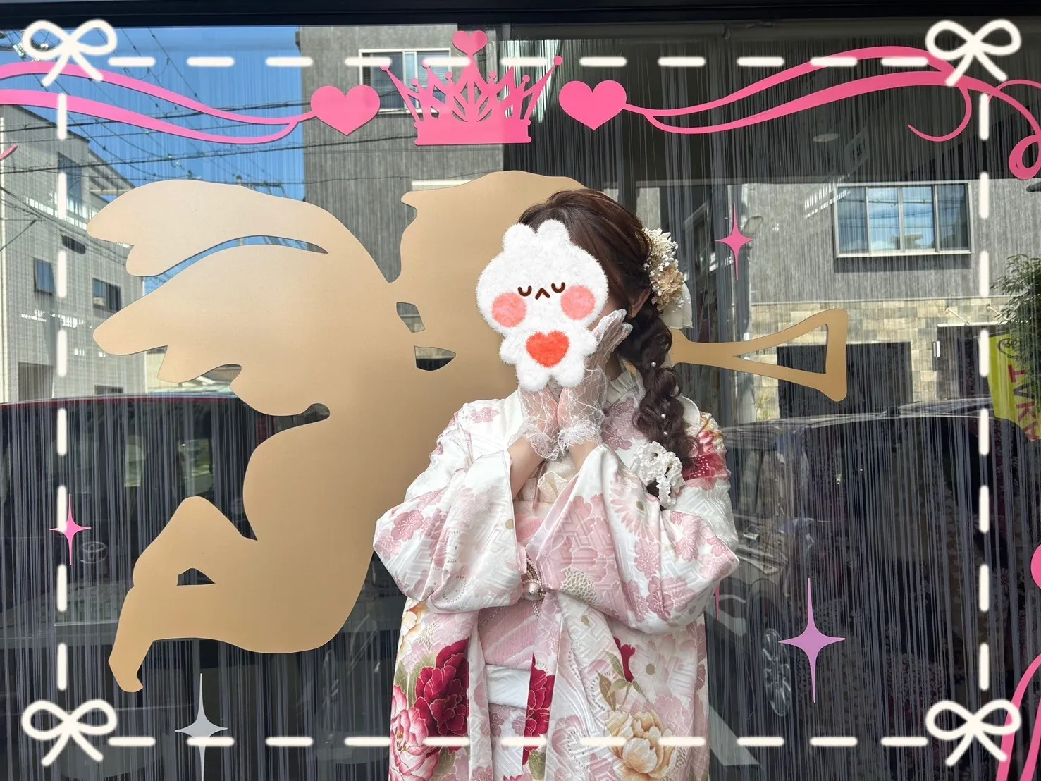 成人式　振袖　前撮り撮影会　最新作くすみカラーガーリー　白/ピンク/淡色　牡丹柄　あざとかわいい　リボン小物コーデ　香音ちゃん
