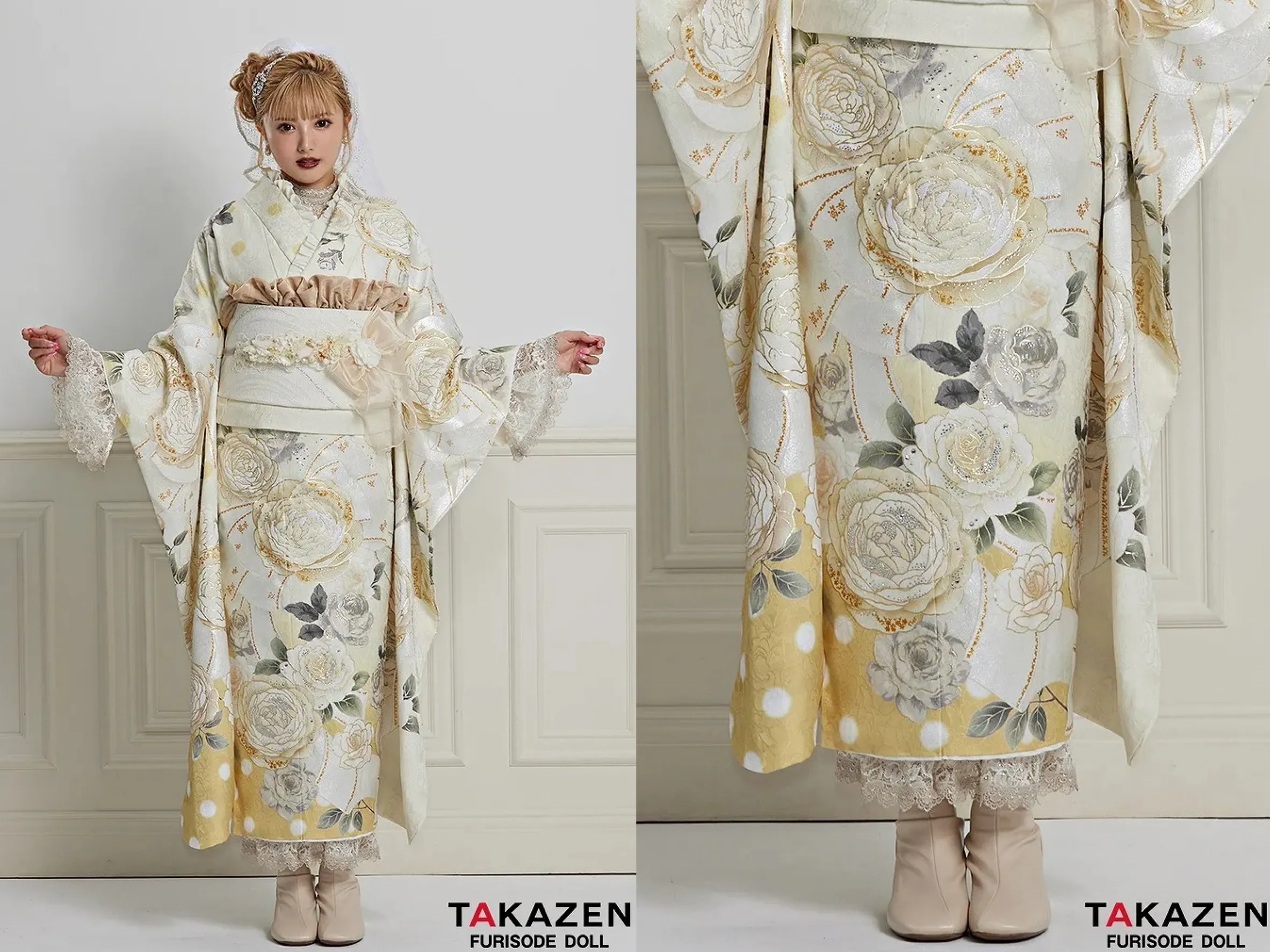 振袖　レンタル　奈良　振袖安い　最新作ヘップバーンシャネルカラー　黄色/クリーム　おしゃれな振袖　バラ/リボン柄　スワロフスキー付き　ブーツコーデ　レース小物コーデ　安斉かれん