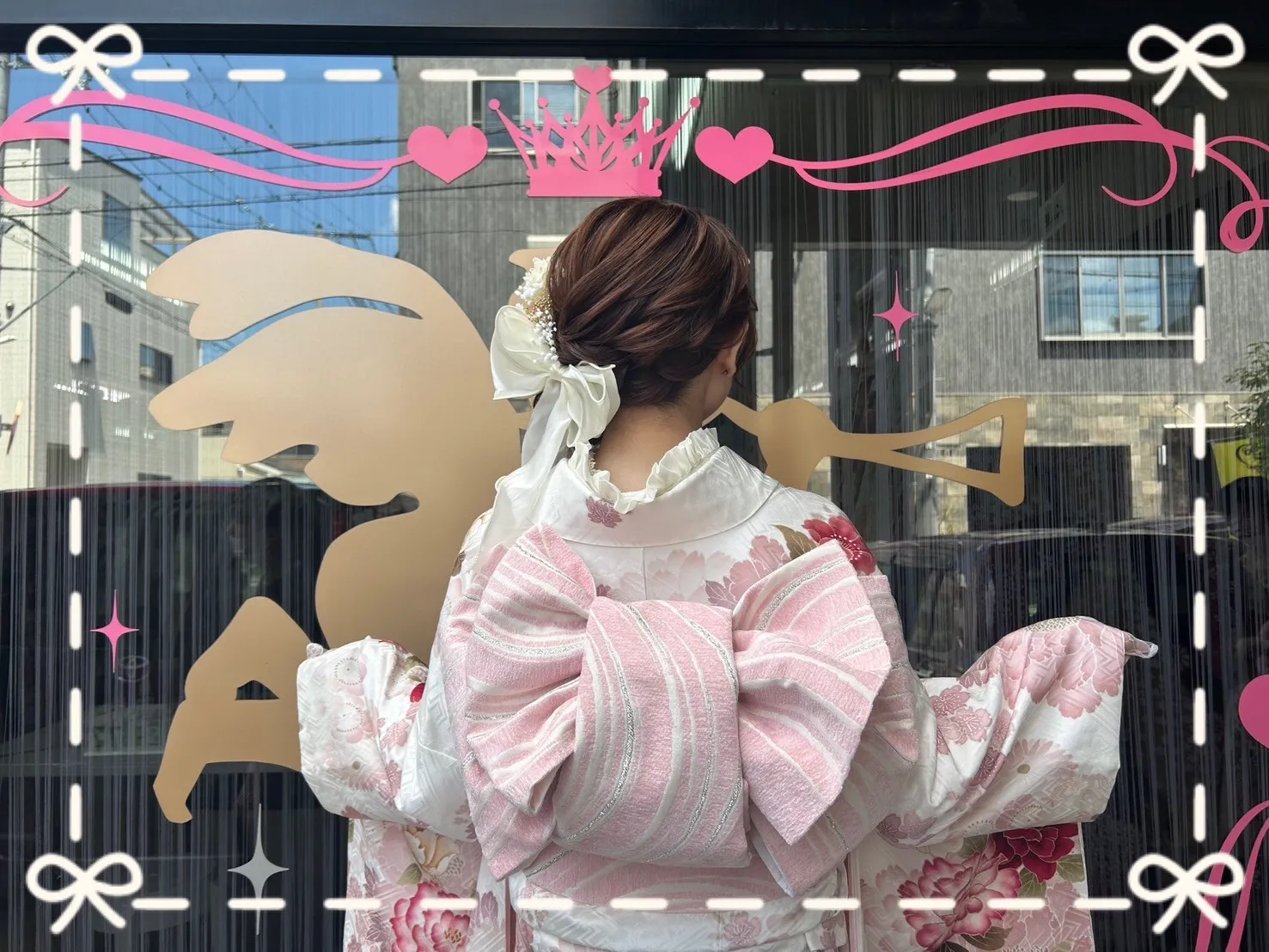 成人式　振袖　前撮り撮影会　最新作くすみカラーガーリー　白/ピンク/淡色　牡丹柄　あざとかわいい　リボン小物コーデ　香音ちゃん