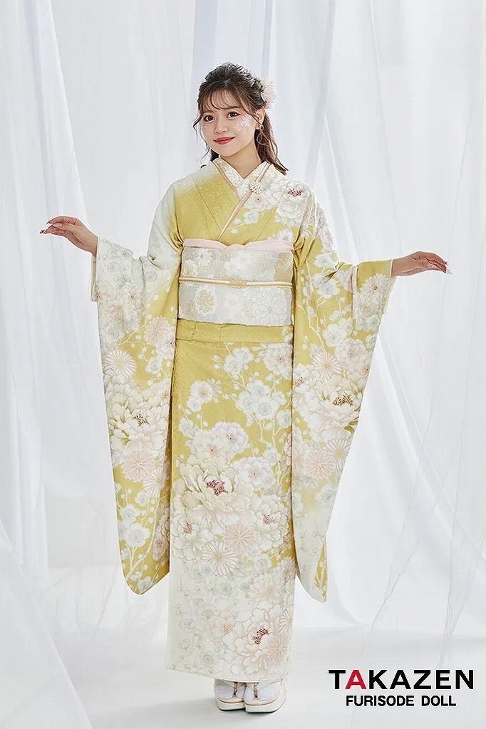 振袖　レンタル　奈良　帯　可愛い　アレンジ　華やか　綺麗　くすみカラー古典　黄色/ビタミンカラー　牡丹柄　華やか　ワントーンコーデ　かわいい