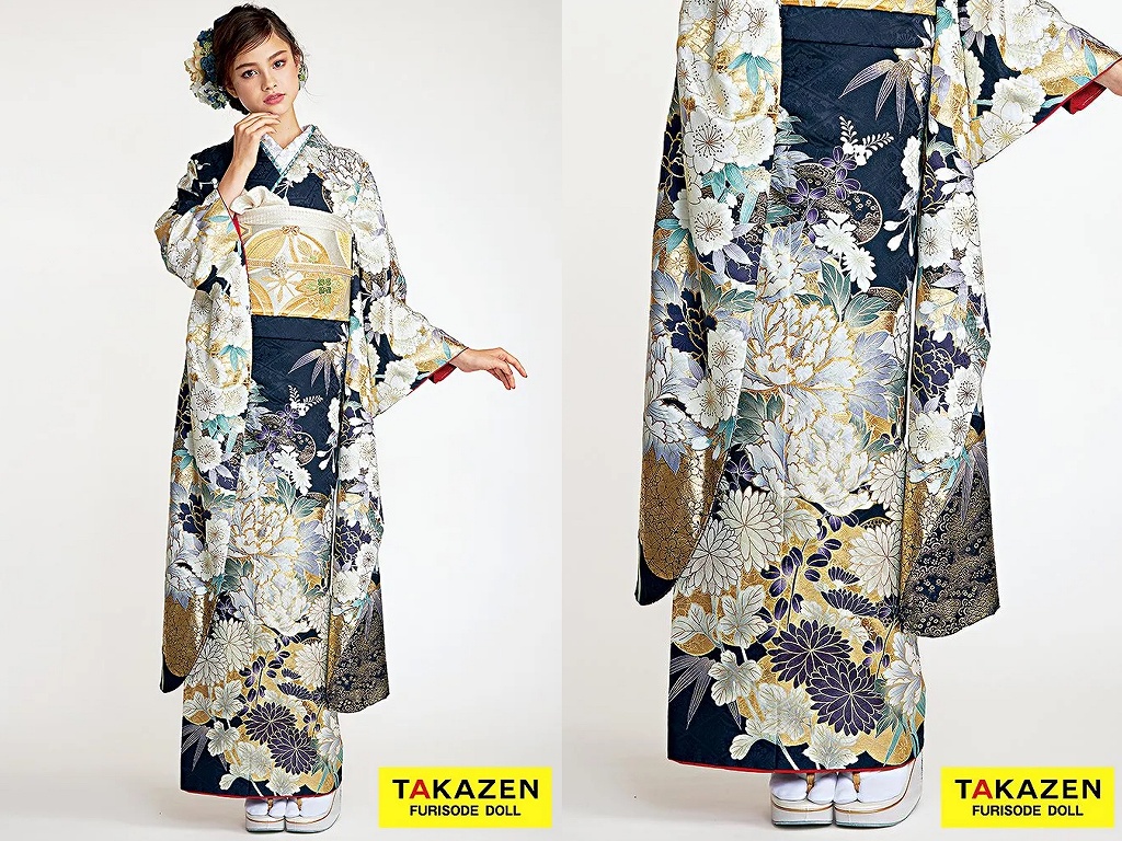 振袖　レンタル　奈良　帯　可愛い　アレンジ　華やか　綺麗　正統派古典　紺色(ネイビー)/金　牡丹柄　豪華　きれいめ　華やか　清楚　大人っぽい